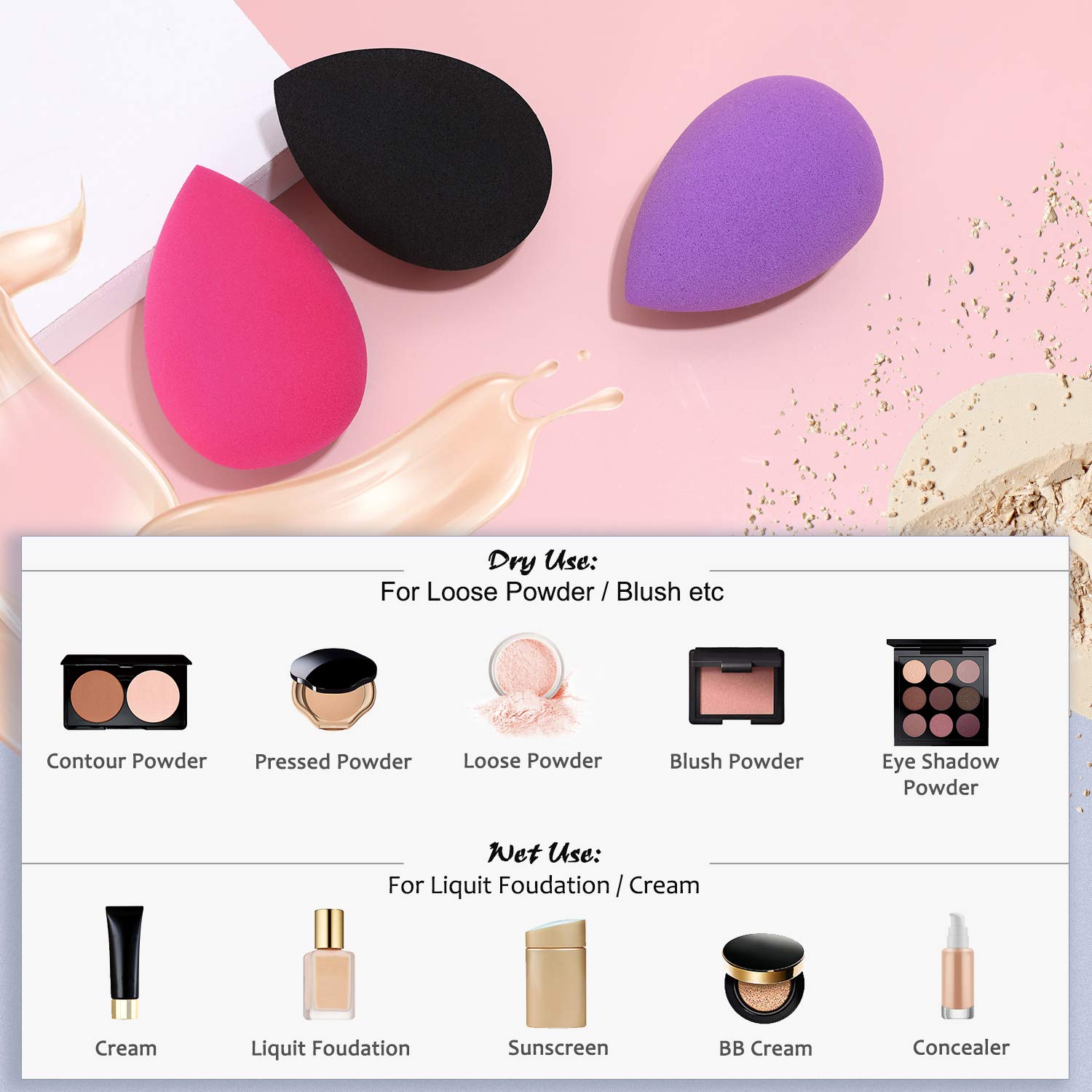 Makeup Sponges, Larbois 3-Pack Blender Beauty Foundation Blending Sponge, Professional Beauty Makeup Set for Dry & Wet Use (Red+Black+Purple) : Beauty & Personal Care