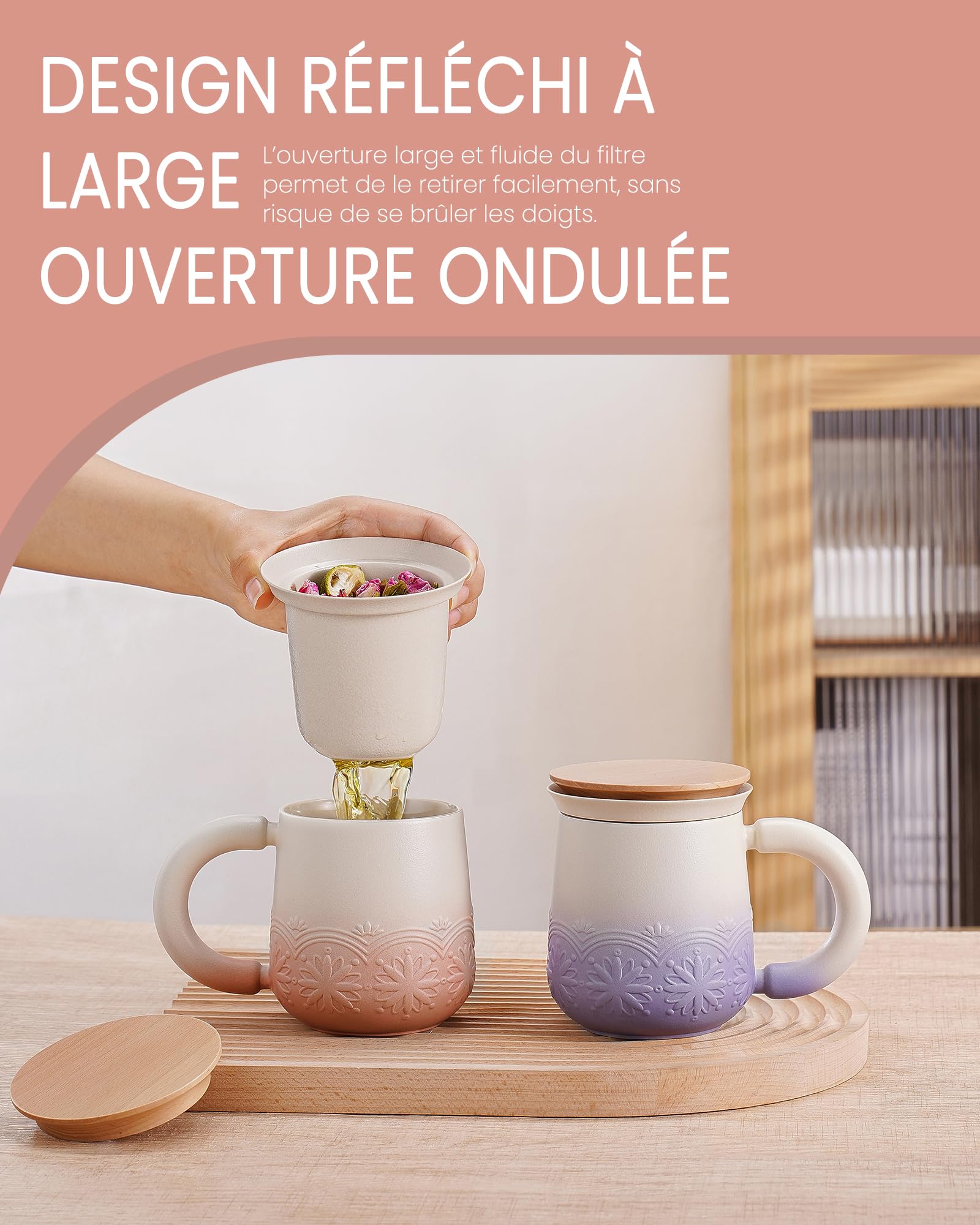 ZENS Taza de té con infusor y tapa, 330 ml - Taza de cerámica con relieve para té de hojas, tapa de madera, taza con filtro para amantes del té, rosa pálido
