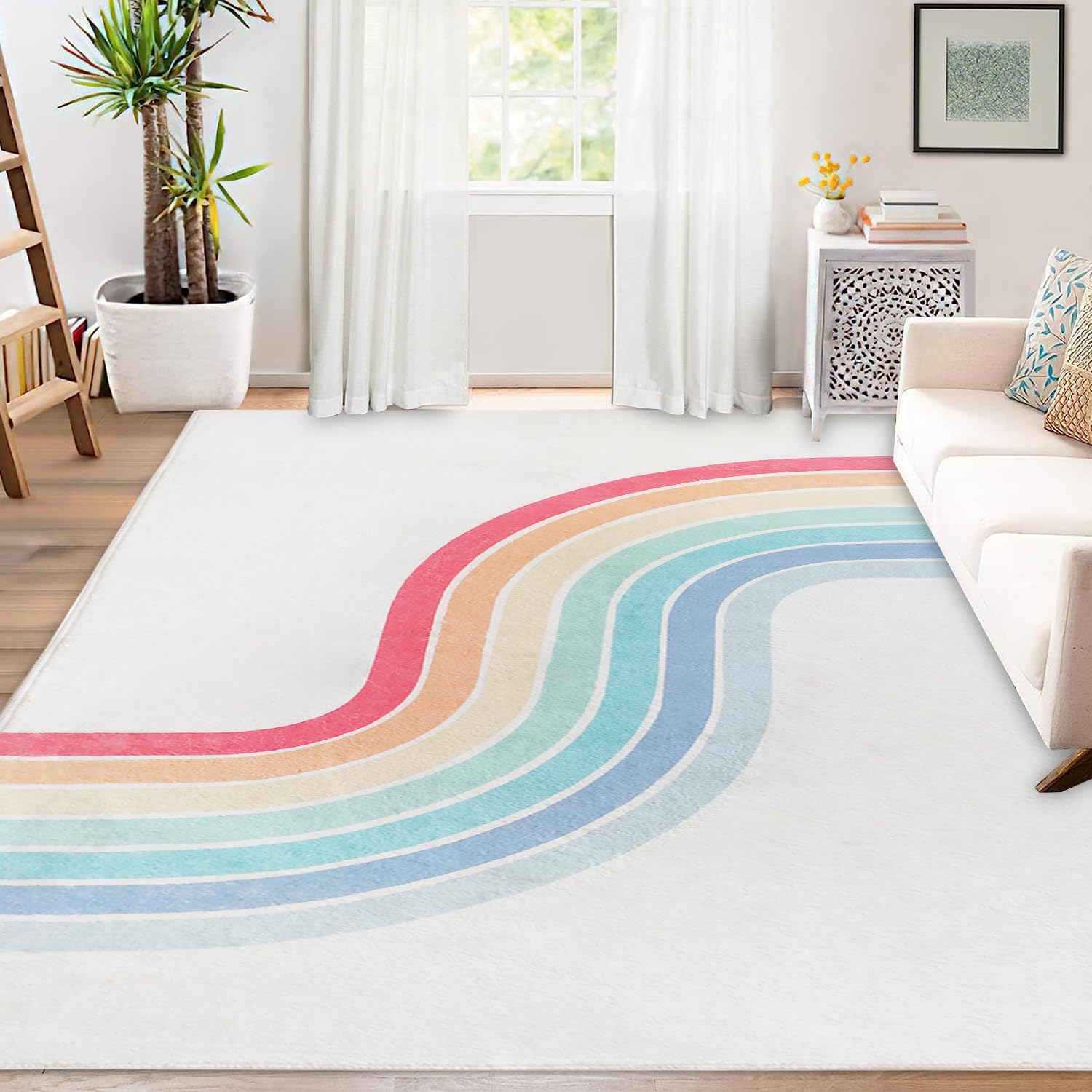 Poowe Rainbow Machine Washable Area Rugs-3'x5' for Living Room, Large Non-Slip Boho Kids Nursery Throw Rug Carpet for Bedroom Entryway Dining Room Office Rug Decor (Rainbow)