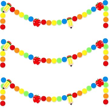 3Pcs Back to School Banner Garland Classroom Decorations - 8.2 Ft Felt Pencil Apple-Shaped Hanging Pompom Ball with Balloons for Welcome First Day of School Party Decor