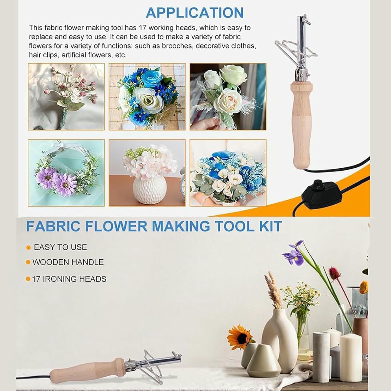 24 Ironing Heads Flower Ironing Machine, Artificial Flower Making Kits, Fabric Flower Maker Set with Storage Bag and Anti-Scalding Bracket, Brass Making Tools, for Fake Flower