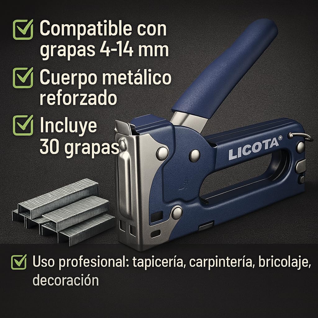 Grapadora Tapicero Manual Profesional de Acero para Grapas 4–14 mm – Grapadora de Mano Reforzada para Tapicería, Madera, Tela, Decoración, Bricolaje y Taller – Mango Ergonómico + 30 Grapas Incluidas