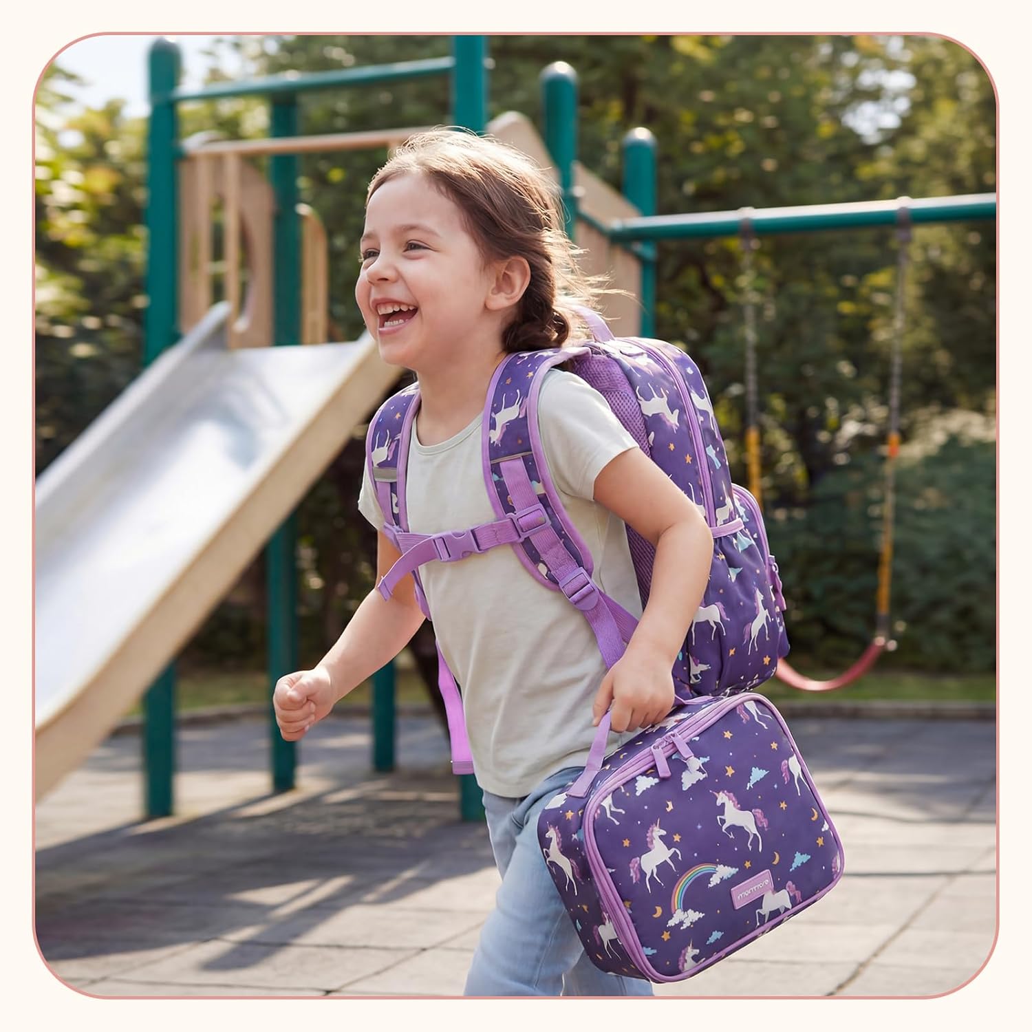 mommore Kids Backpack for Girls 4-8 with Lunch Box Elementary Kindergarten Preschool School Backpack 15'' Fit Folders Bottles, Purple Unicron