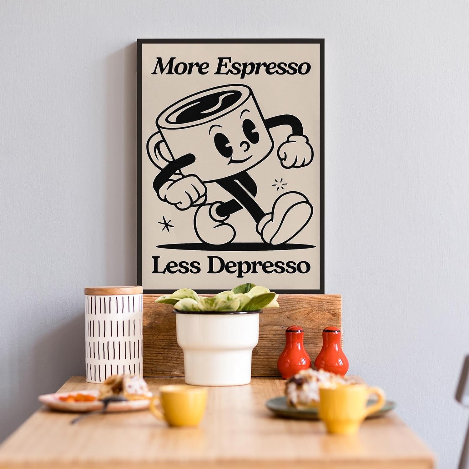 Retro Black Coffee Cup Drinks Wall Art Espresso Less Depresso Quotes Canvas Posters Cute Coffee Bar Prints Painting For Office Bedroom Living Room Wall Decor 12x16in Framed