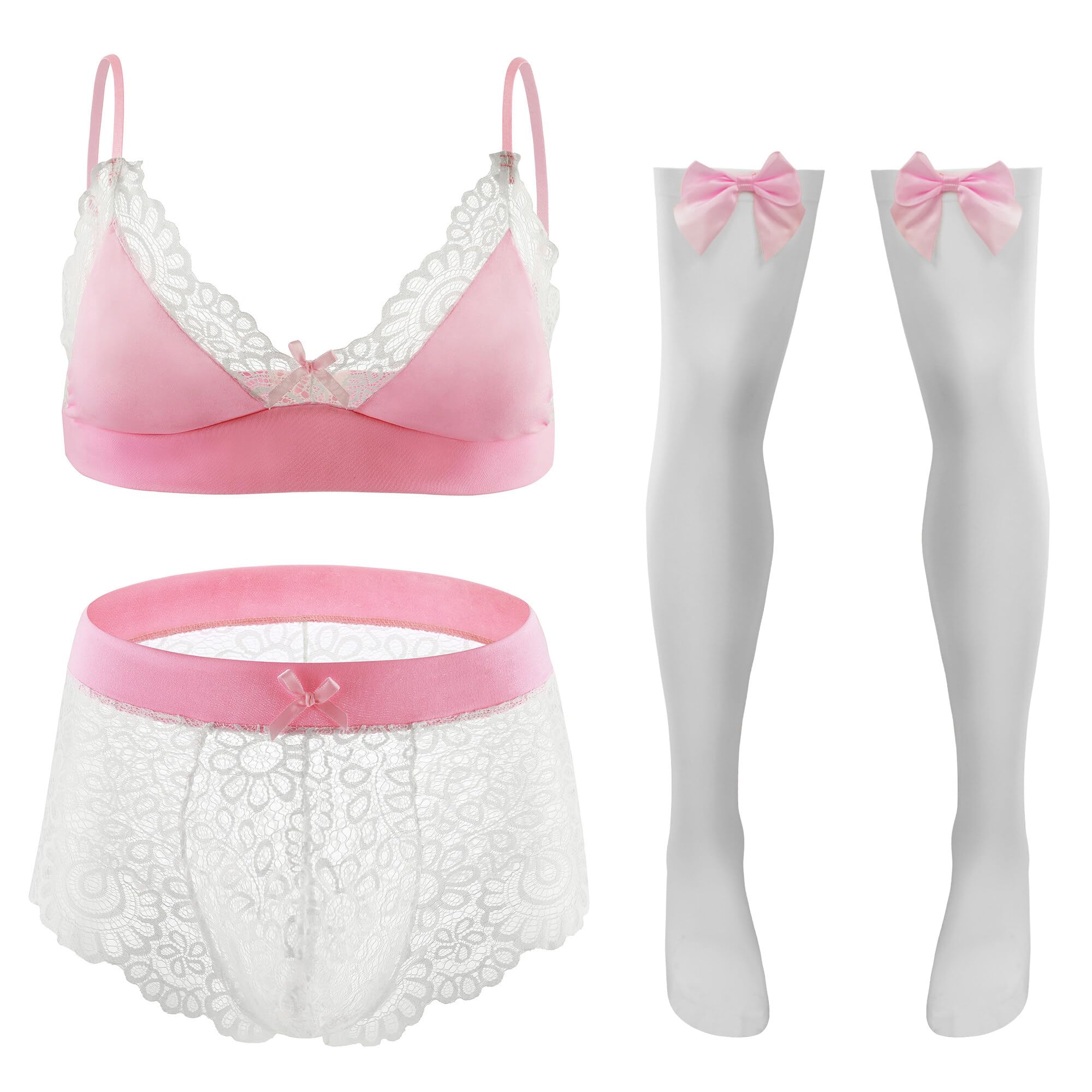 Female Underwear for Men 3 Piece Lingerie Set Floral Lace Bra and Stockings for Shemales, Pink and White, XXL-image-34