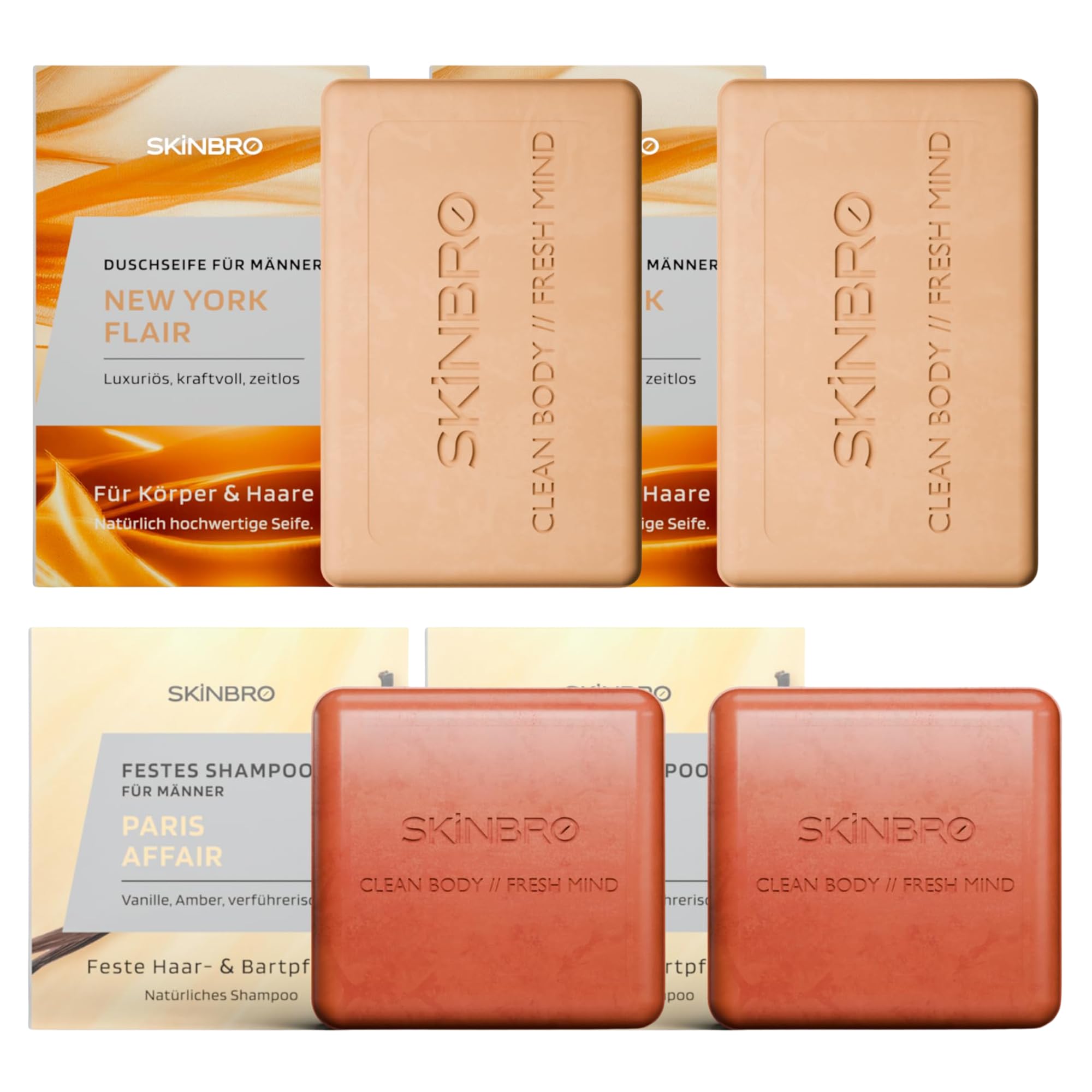 SKINBRO Set: 2x Festes Duschgel New York Flair & 2x Festes Shampoo Vanille – Vegane 4-in-1 Pflege für Haar, Bart & Körper – Nachhaltig & Made in Germany