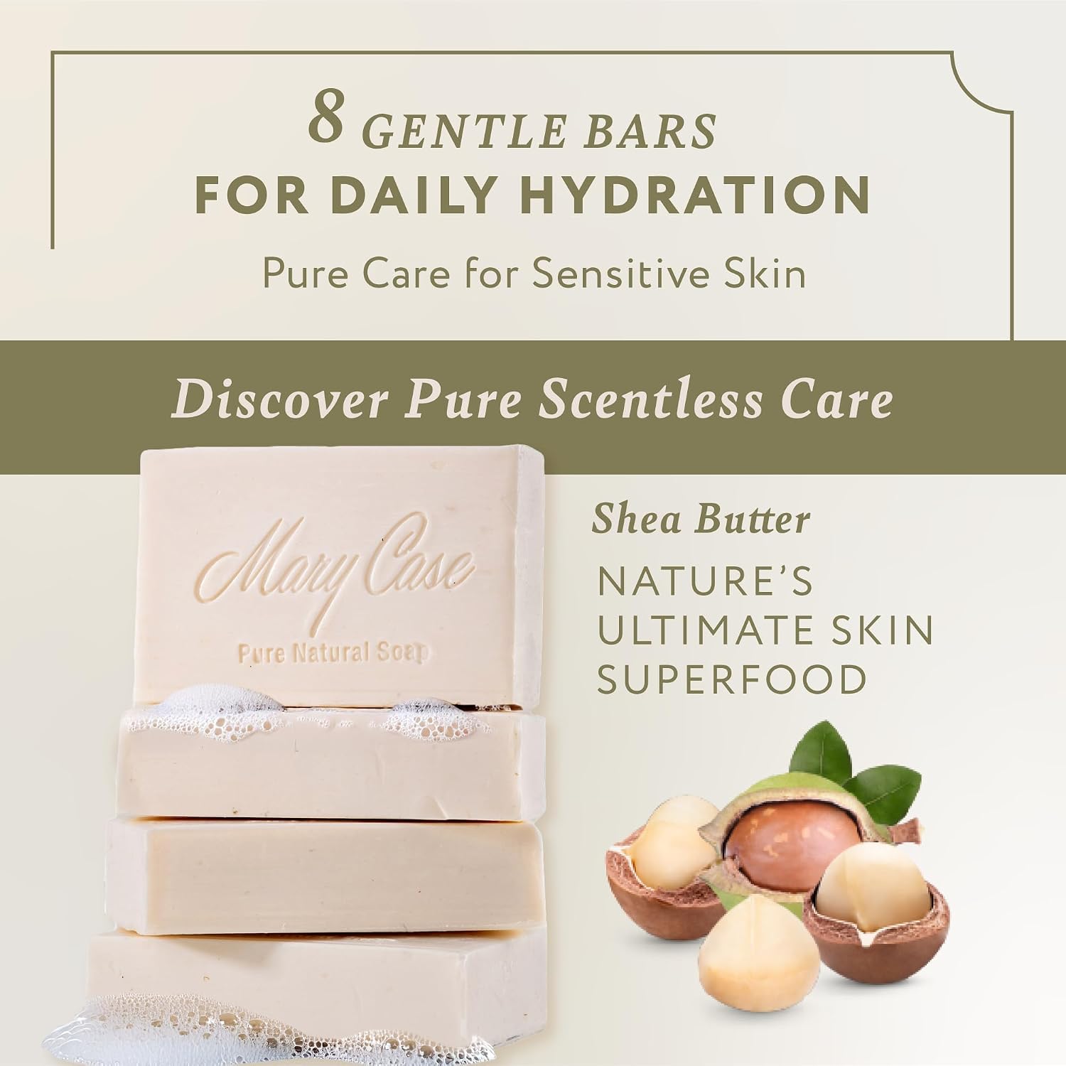 Mary Case Scentless Bar Soap Set of 8 | Shea Butter Soap with Olive & Coconut Oils | Fragrance-Free Bath Soap for Men & Women | Deep Moisturizing Dry Skin & Soothing Sensitive Skin