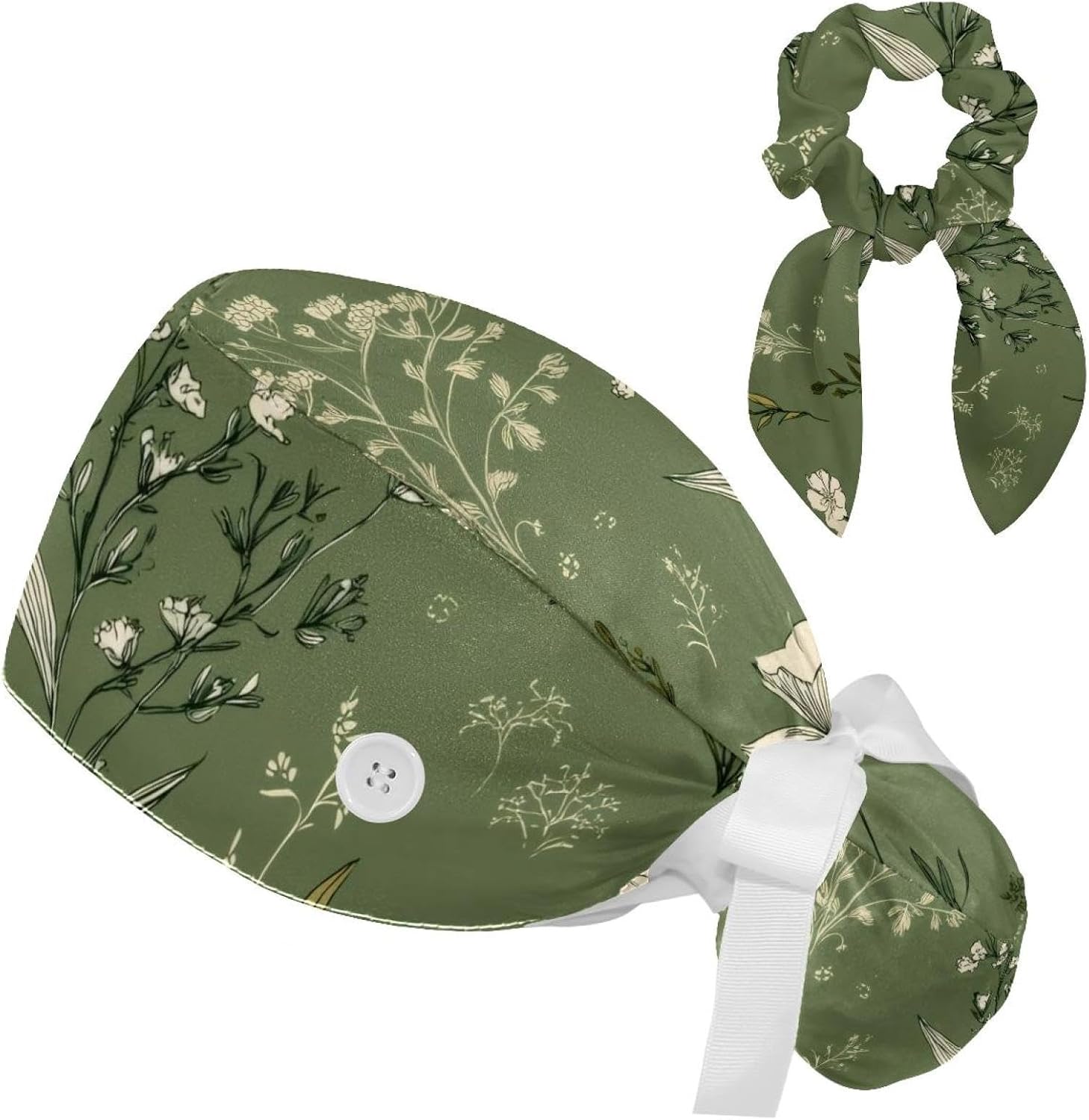 Women’s Working Cap with Button and Ribbon Tie, Long Hair with Hair Band Sage Color Line Leaves and Twig on Beige Background