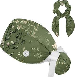 Women’s Working Cap with Button and Ribbon Tie, Long Hair with Hair Band Sage Color Line Leaves and Twig on Beige Background