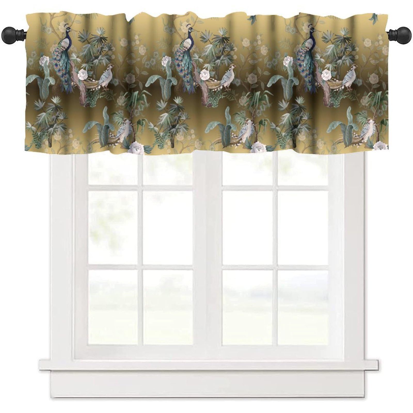 moderw Peacock Valance Curtain Vintage Asian Chinese Traditional Birds Herons Peonies Flowers Window Treatment Valance for Farmhouse Dining Room Kitchen Canteens Party 54x18inch