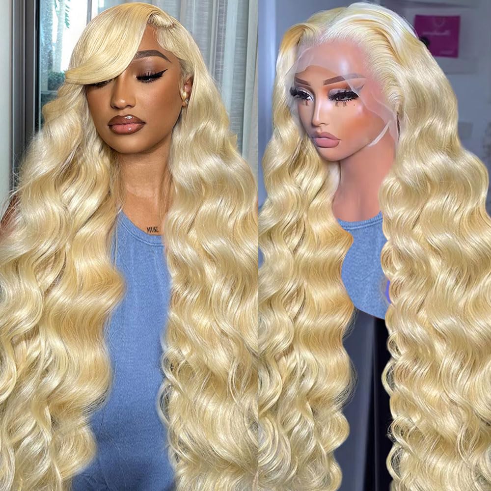 613 13x6 Lace Front Wig Human Hair 200 Density Blonde Wig Human Hair 34 Inch Body Wave Blonde Lace Front Wigs Human Hair Pre Plucked with Natural Hairline 613 HD Lace Frontal Wigs for Women