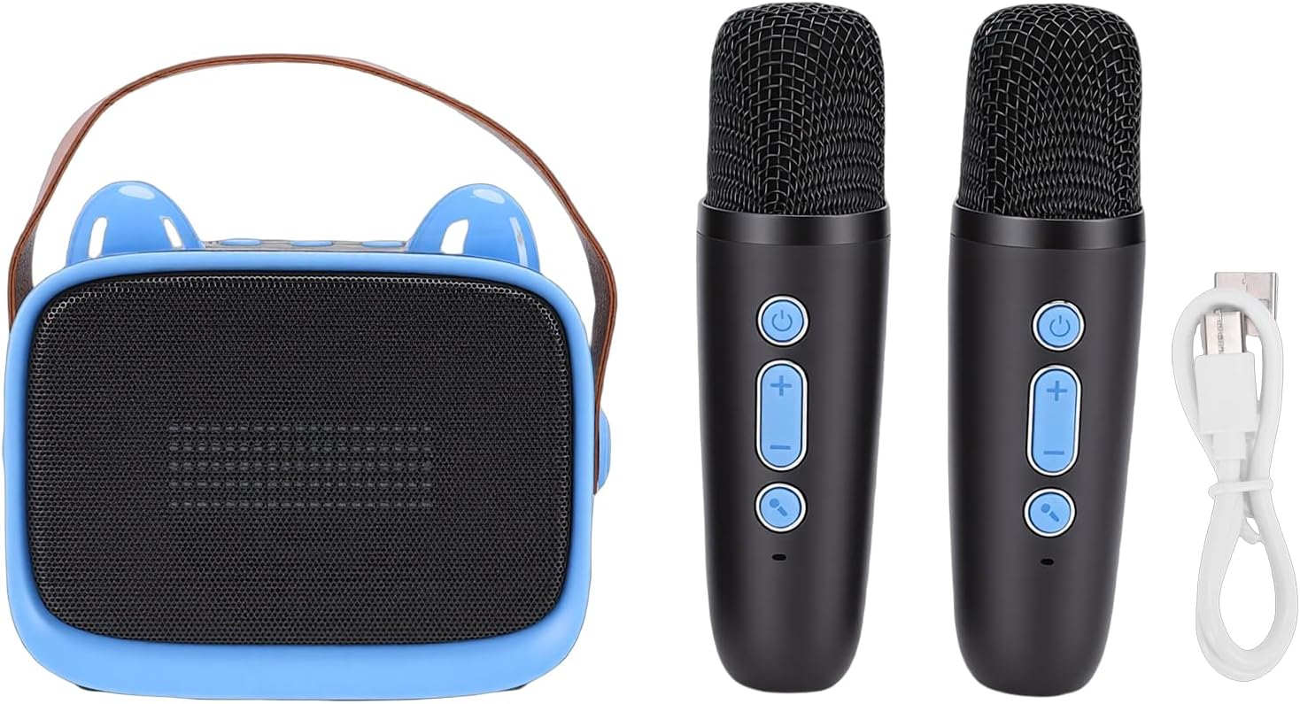 Mini Karaoke Machine, Bluetooth Speaker with 2 Wireless Mics 5 Sound Modes, Kids Party Equipment Digital Signal Processing Phone Stand for Home Travel Family Gatherings
