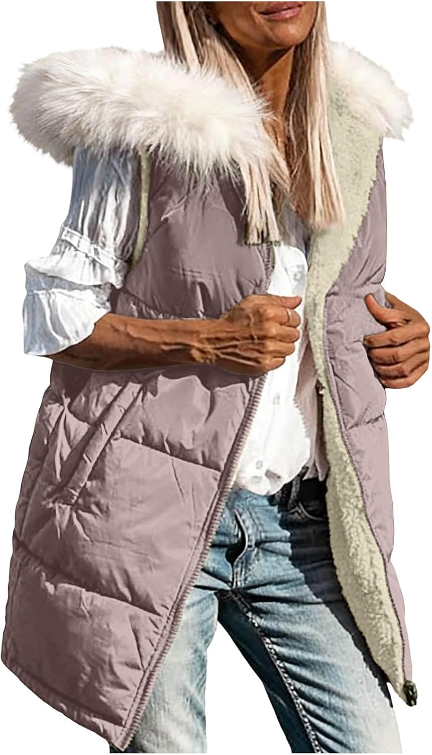 Women's Long Puffer Vest Fleece Lined Warm Casual Sleeveless Jackets Winter Padded Coat with Removable Fur Hooded