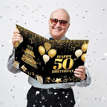 QIFU Large 50th Birthday Card Decorations for men Women,Black Gold Giant Happy 50th Birthday Signature Guest Book Jumbo Fifty Bday Card Gifts Party Supplies