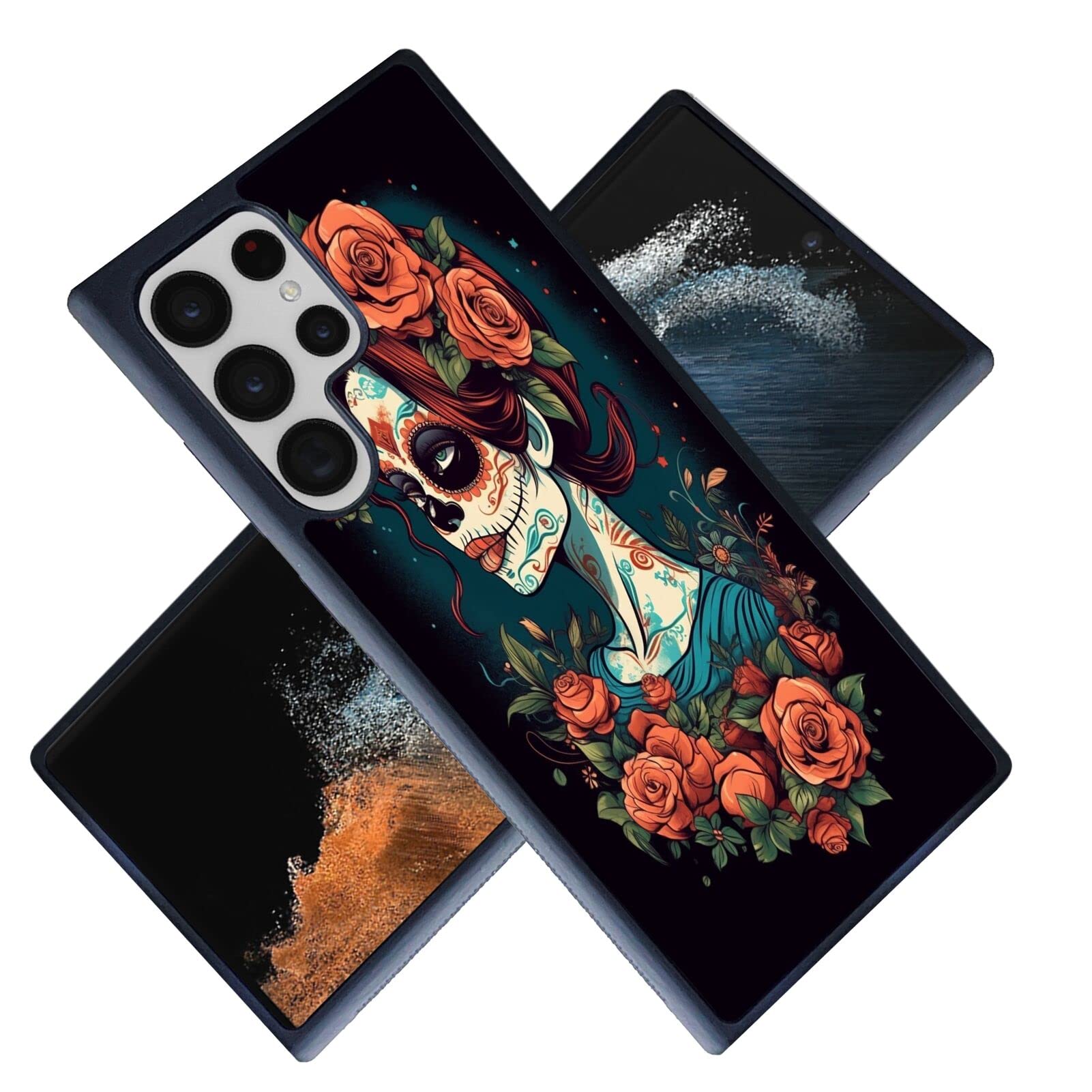 Xioolia Case Compatible with Samsung Galaxy S22 Ultra Sugar Skull Girl Designer-037 Pattern Black Rubber Full Body Protection Drop Protection Non-Slip Cover