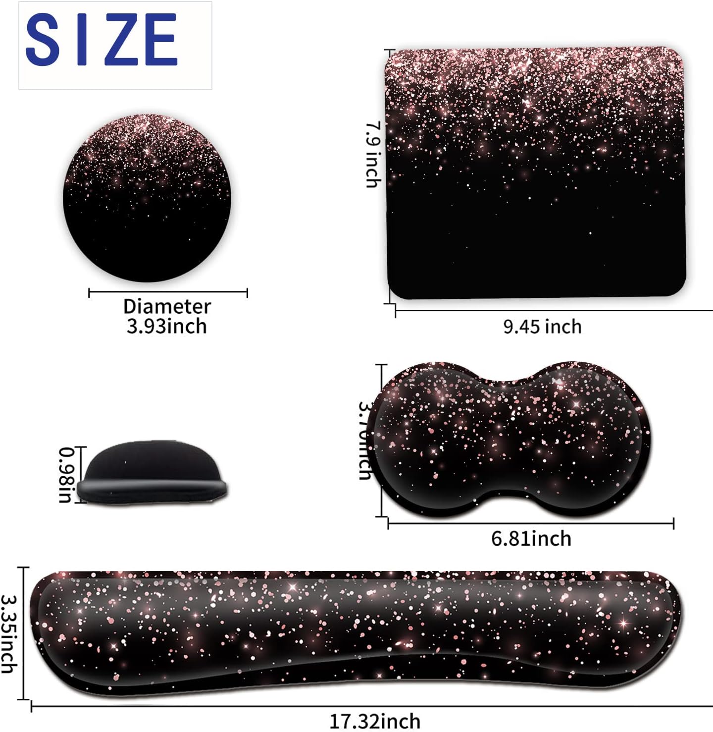 Mouse Pad with Wrist Support,Ergonomic Memory Foam Keyboard Wrist Rest Set,Black Stitched Edge Mouse Pad,Dirt-Resistant for Office Typing, Games, Pink Glitter Pattern for Women Men Desktop Decoration