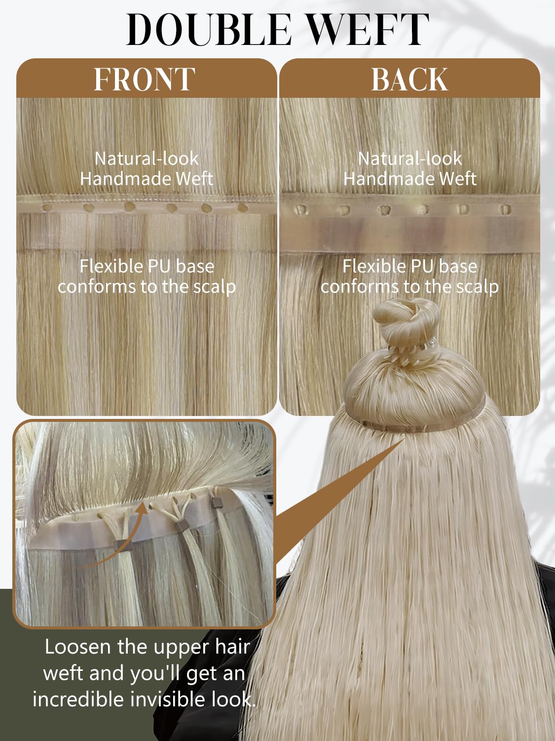 LOXXY Double Layered PU OVO Hair Extension - 100% Remy Human Hair Extension - Genius Weft with Micro Bead - 20 Inch 100g Golden Blonde to Light Blonde, 1PCS Twin Tab Straight Weft Hair, Width 31.5"