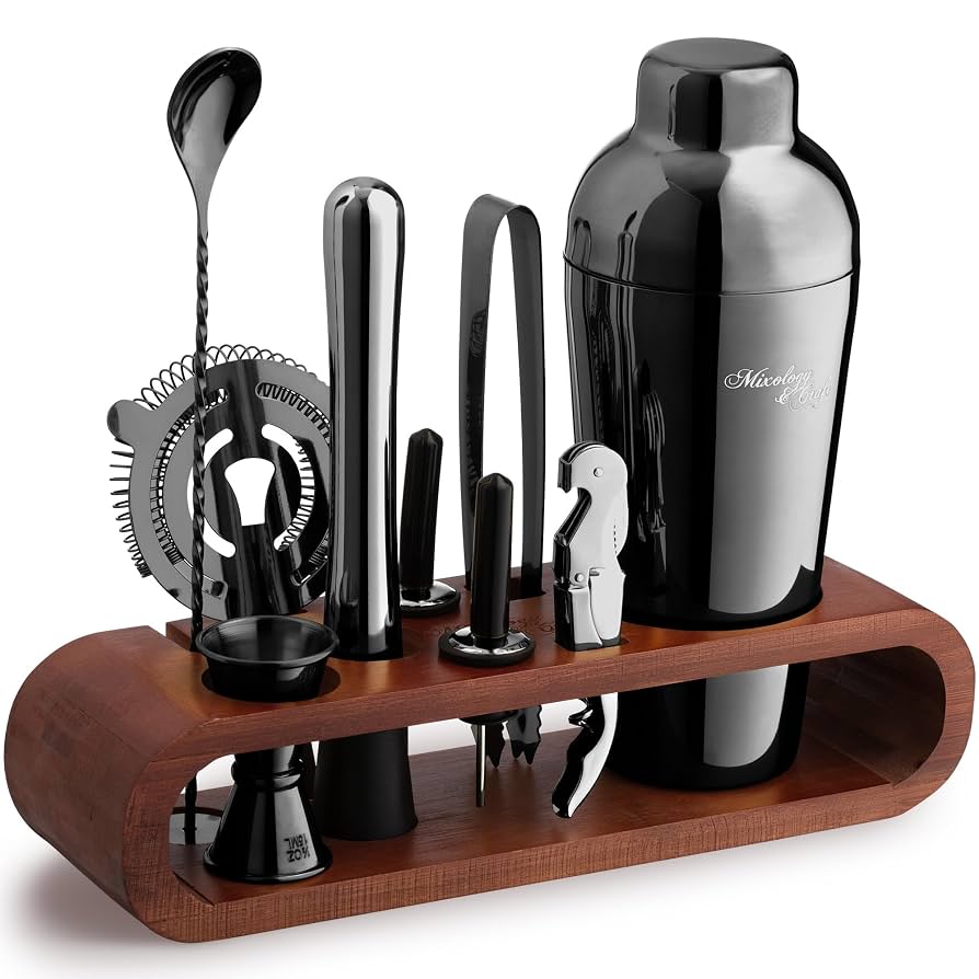 Mixology Bartender Kit: 10-Piece Bar Tool Set with Mahogany Stand | Perfect Home Bartending Kit and Martini Cocktail Shaker Set for a Perfect Drink Mixing Experience | Housewarming Gift (Gun-Metal)