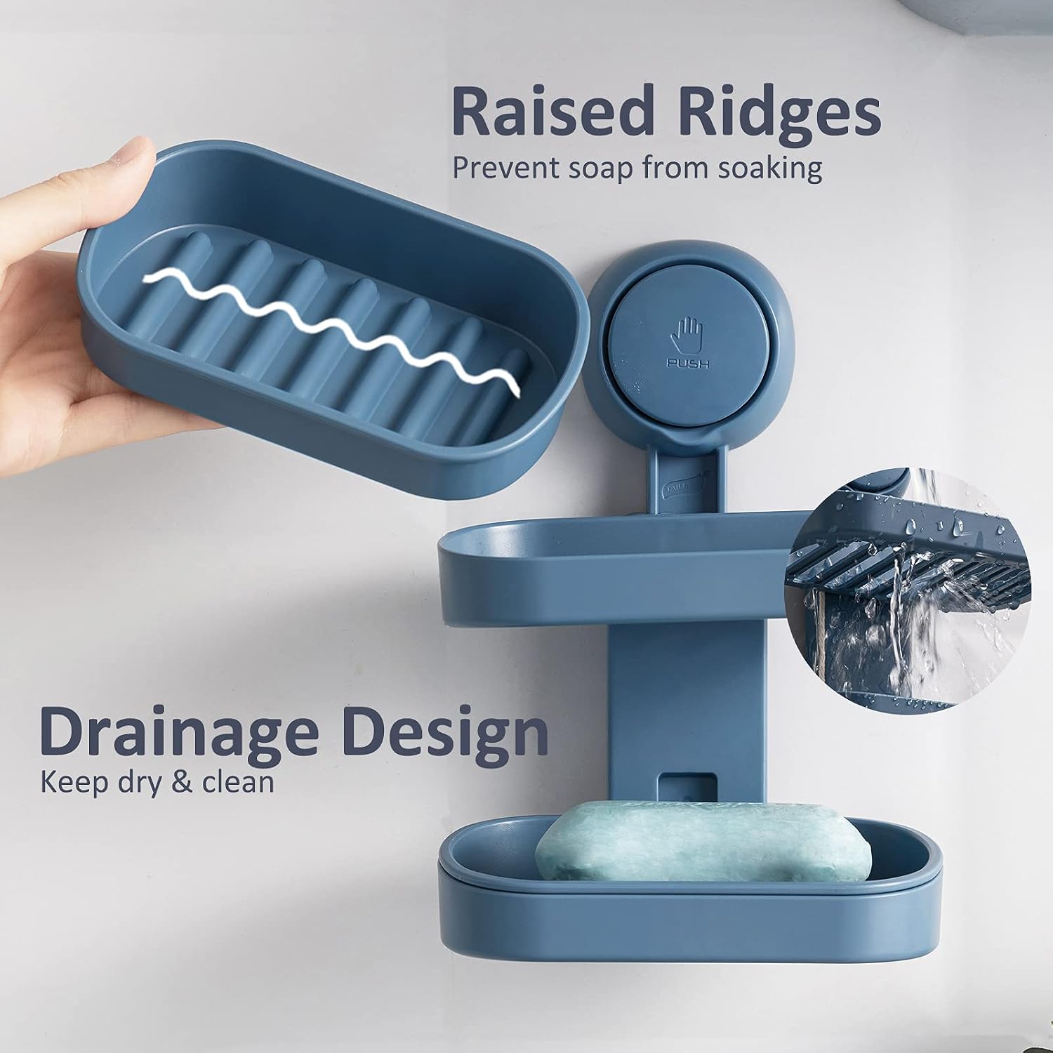 TAILI Double Layer Soap Dish Suction Cup Soap Holder, Strong Sponge Holder for Shower, Bathroom, Tub and Kitchen Sink, Drill-Free, Removable Blue Pack