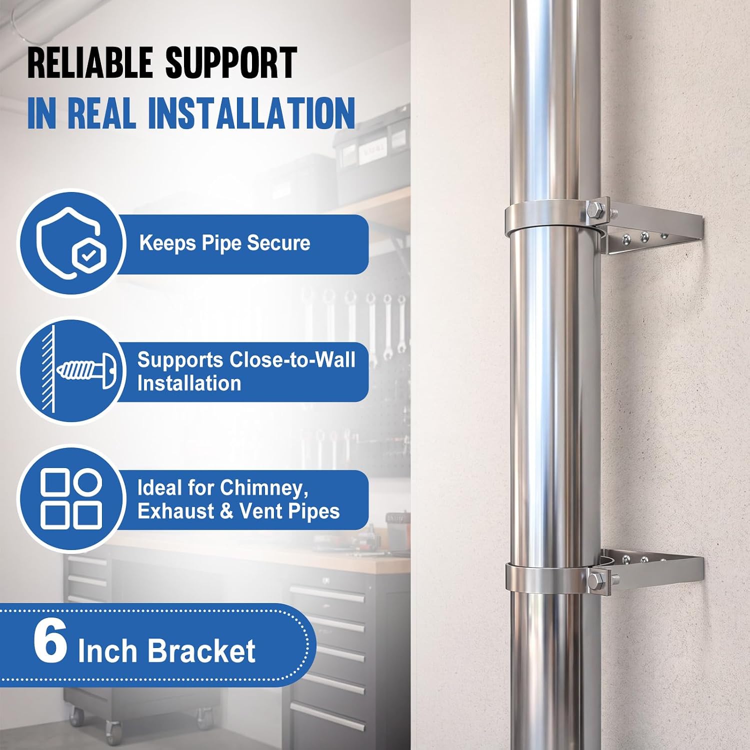 Hicarer 2 Sets 6 Inch Chimney Pipe Bracket Pipe Hanger for Securing Vent Flue 304 Stainless Steel Wall Mount Support Clamp for HVAC Duct Garage Commercial Ventilation