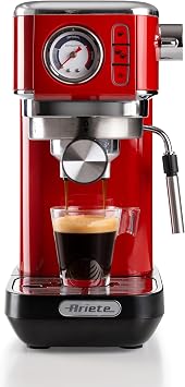 Ariete Moderna Espresso Slim Coffee Machine Red 1381/13 - Metal Espresso Coffee Machine, Compatible with Ground Coffee and ESE Pod Coffee, 1300 Watt, 1.1 Liter Water Tank, Maxi Cappuccino Device