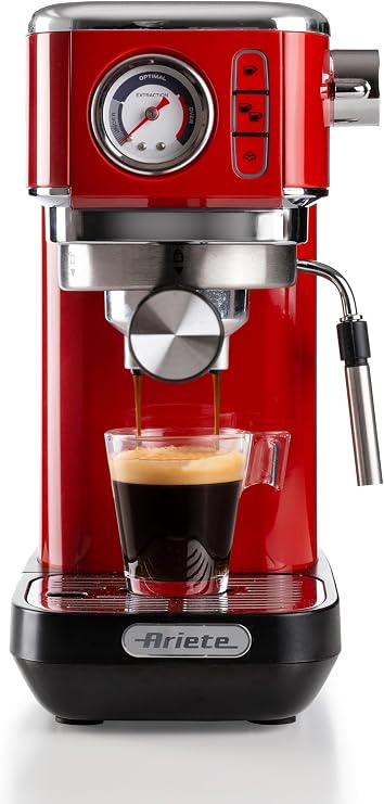 Ariete Moderna Espresso Slim Coffee Machine Red 1381/13 - Metal Espresso Coffee Machine, Compatible with Ground Coffee and ESE Pod Coffee, 1300 Watt, 1.1 Liter Water Tank, Maxi Cappuccino Device