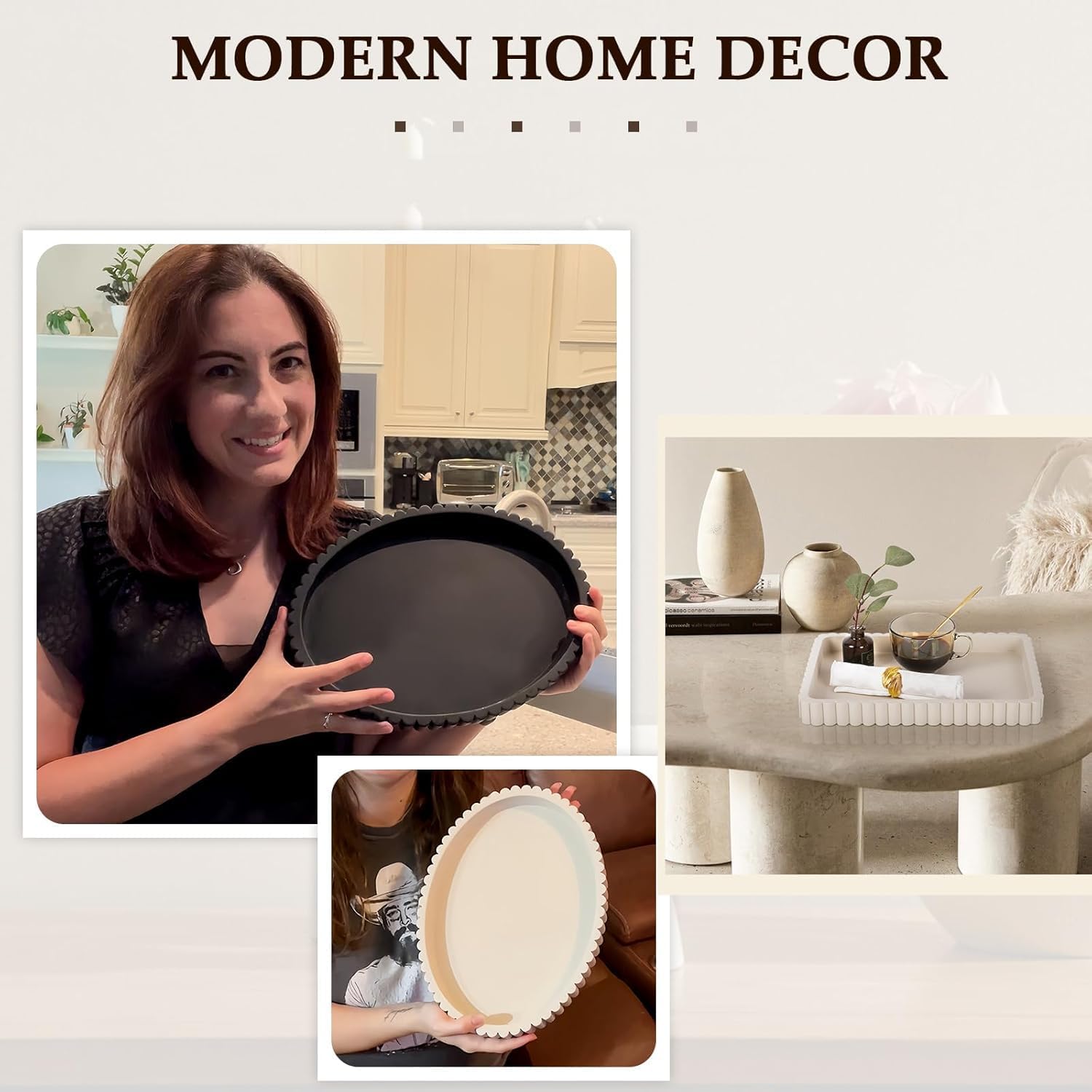 Oval Tray for Coffee Table Decor, 13" Resin Coffee Table Trays, Table Centerpieces Decorative Tray for Home Decor, Modern Decorative Centerpiece Trays, Beige Resin - Image 4