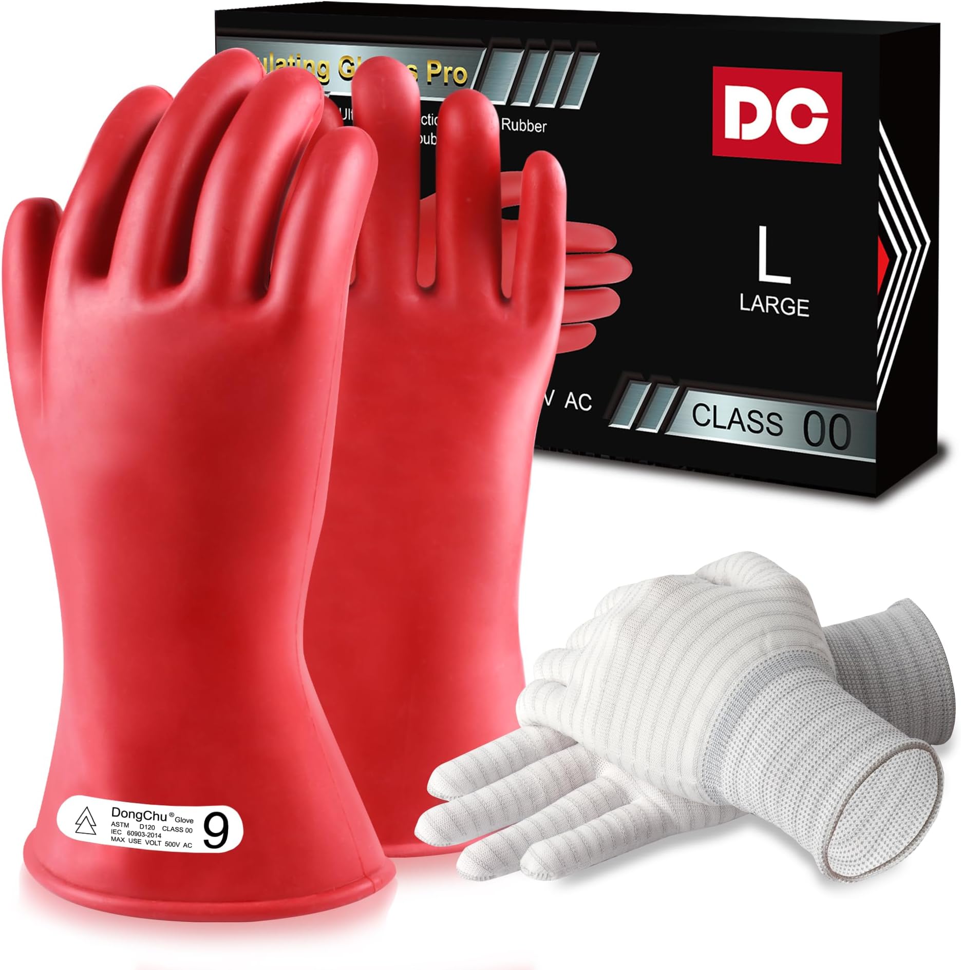DongChu Natural Rubber Gloves - Class 00 Low Voltage Electrical Insulating Linesmen's Gloves with Double-Layer Design, Cotton Anti-Static Knitted Lining, Size 9, Red