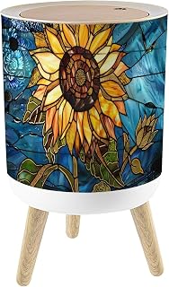 Small Trash Can with Lid Sunflower Stained Glass for Windows Home Decor Garbage Cans 1.8 Gallon Round Wastebasket Dog Proof Trash Can Waste Basket for Bathroom Office Dorm Decor
