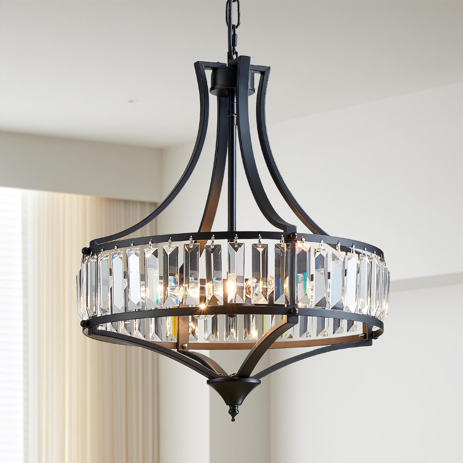 Crystal Chandeliers for Dining Room, Round Rustic Farmhouse Chandelier, Metal Shade, 4-Light Modern Chandelier for Hallway, Bedroom, Foyer Black