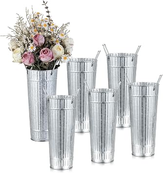 NUPTIO Galvanized Flower Bucket for Wedding 8.7" Tall Tin Planter for Flower Bar - Rustic Metal Vases for Table Centerpiece Home Garden Decor Set of 6
