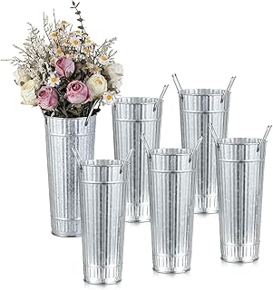 NUPTIO Galvanized Flower Bucket for Wedding: 6 Pcs 9.8" Tall Rustic Metal Vases for Flower Bar - Tin Planter Pot for Table Centerpiece Home Garden Decor