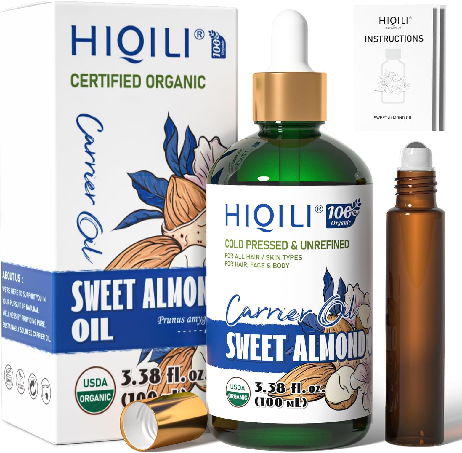 HIQILI Sweet Almond Oil, Skin, Hair Care, 100% Pure Organic Carrier Oil, Hexane Free, Unscented - 3.38 Fl Oz