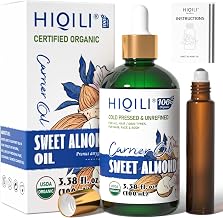 HIQILI Sweet Almond Oil with Roller Bottle, 100% Pure and Natural Carrier Oil for Hair, Skin, Body, Massage, Diluting Essential Oils- 3.38 Fl Oz