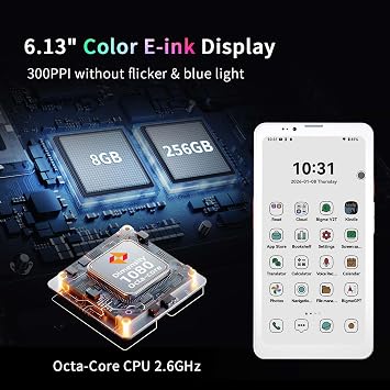 Bigme HiBreak Pro Color 6.13 ePaper E-Ink Phone with Fingerprint Unlock, NFC, 8GB+256GB, eBook Readers Android E Ink eReader Mobile Phone with Android 14, 5G Dual SIM, 300PPI, Long Battery Life White