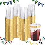 100 12oz Gold Rim Plastic Cups, Wine Glasses, Heavy Duty | Elegant, Cocktail