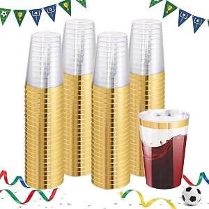 100 12oz Gold Rim Plastic Cups, Wine Glasses, Heavy Duty | Elegant, Cocktail