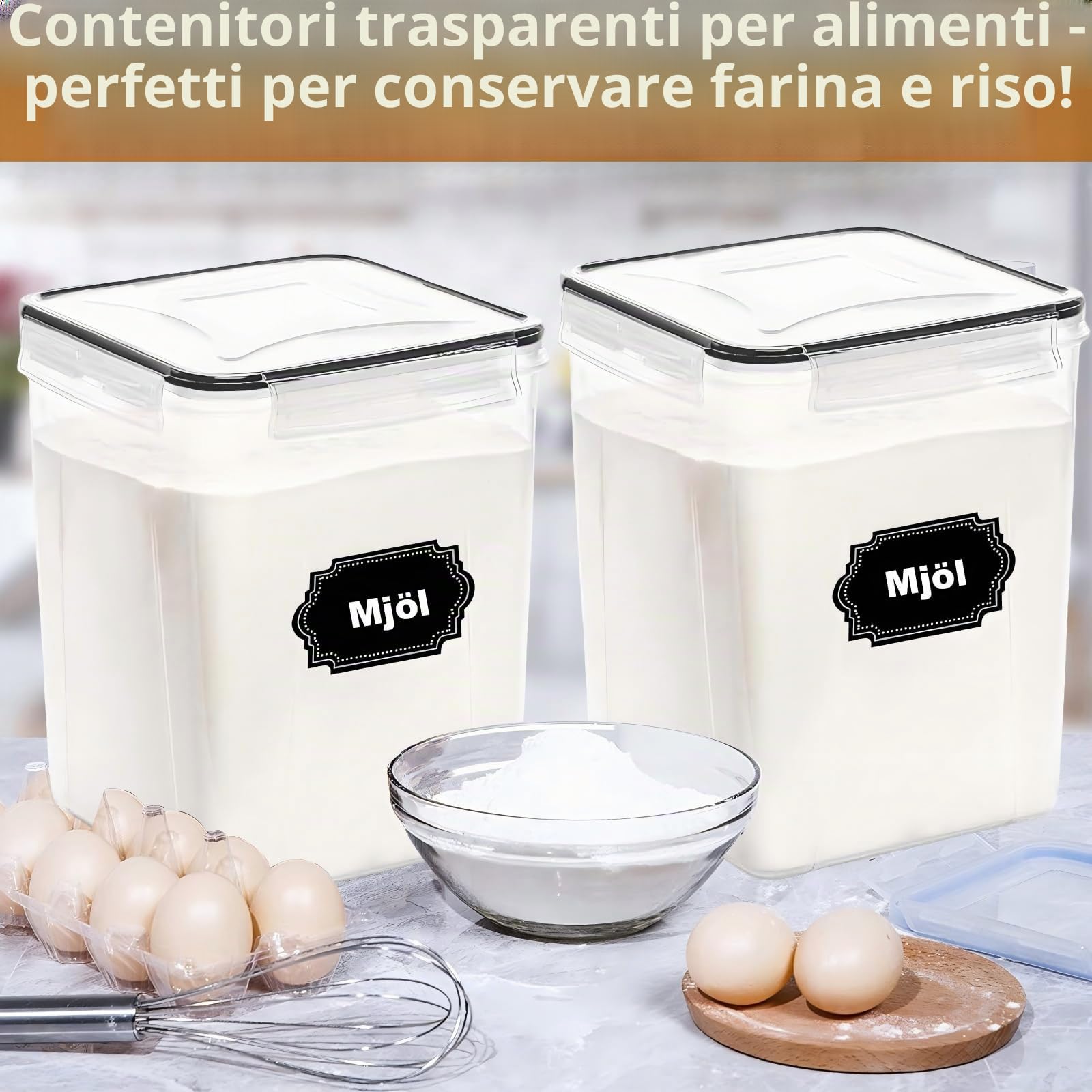 4 pezzi 5,2L / 175 oz Grande contenitore per alimenti, barattoli sigillati in plastica senza BPA per farina, zucchero, prodotti da forno, riso con coperchi, misurini ed etichette