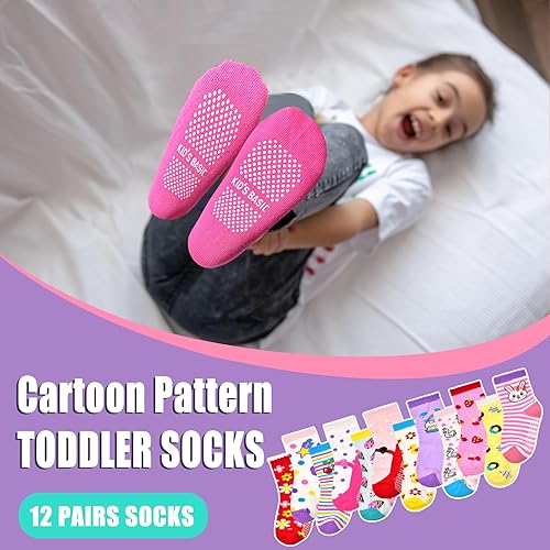 Miniatura 2 de HYCLES Calcetines Antideslizantes para Niños Pequeños, 12 Pares de Calcetines de Algodón con Agarre Antideslizante para Niños y Niñas de 1-7 años y