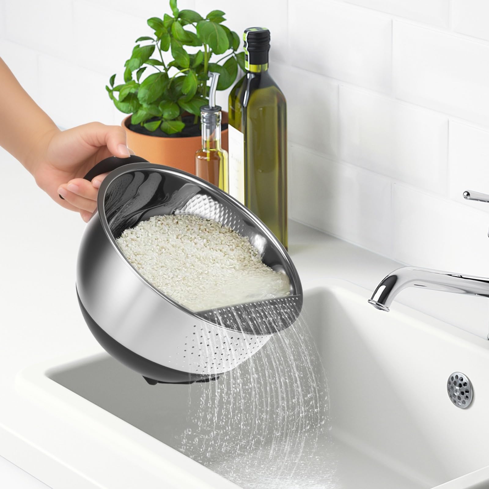Colador De Arroz De Acero Inoxidable Cuenco colador for lavar arroz de acero inoxidable con Base silicona y mango, escurridores laterales versátiles for limpiar frutas verduras