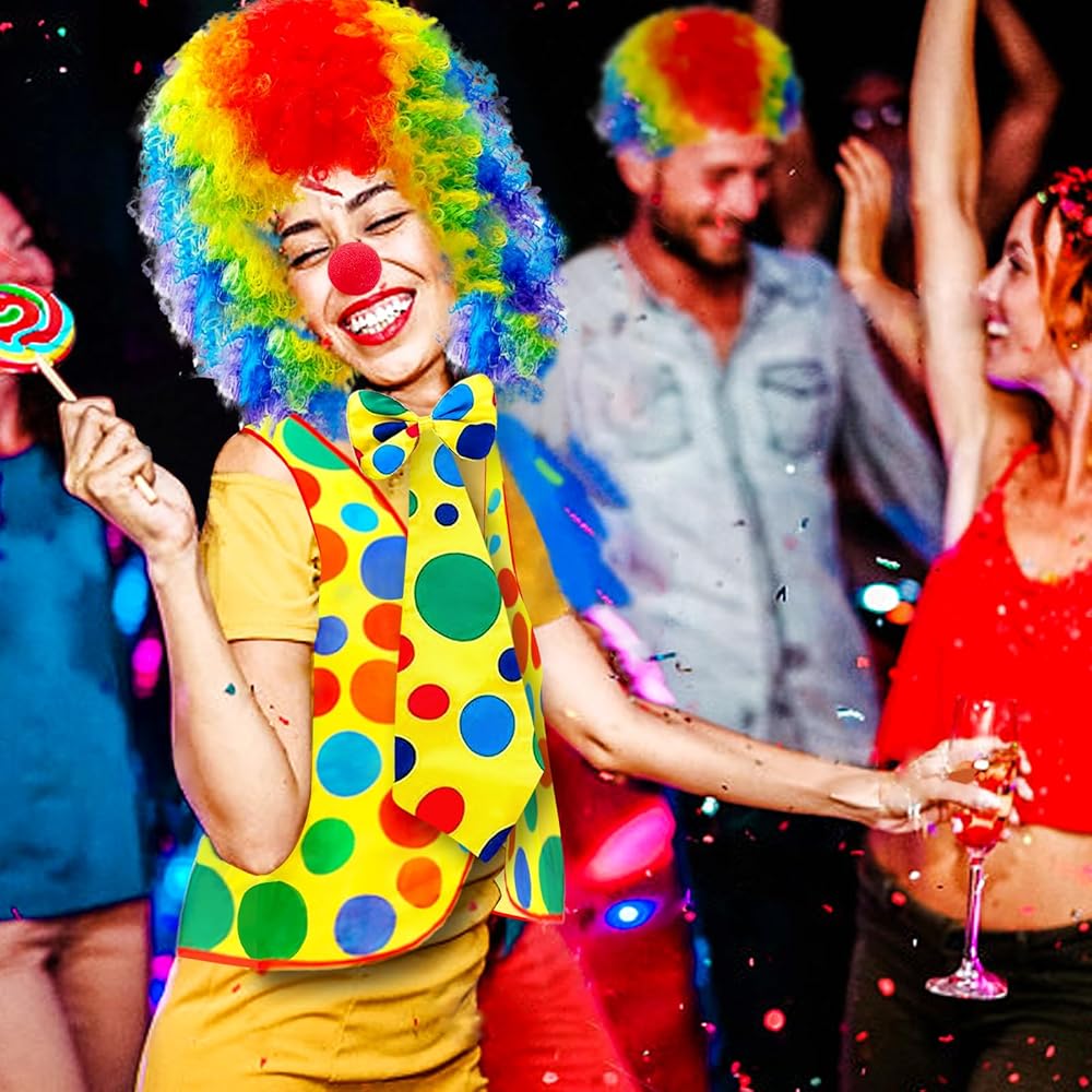 SIWOKJJO Clown Kostüm Set 5-teilig - Perücke, Nase, Fliege, Krawatte & Handschuhe