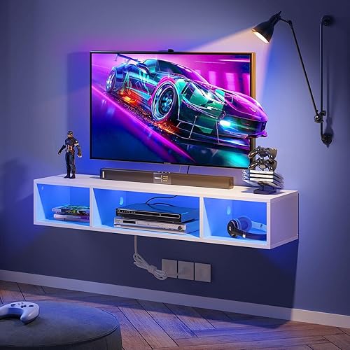 Miniatura 17 de Rolanstar Soporte de TV con toma de corriente, soporte de TV flotante con luces RGB, estante de TV montado en la pared de 47.2 pulgadas, consola