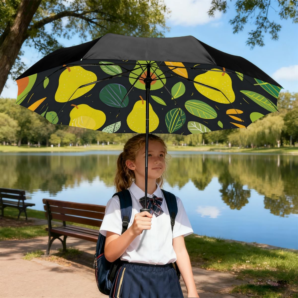 Fruit Avocados Pears Leaves Folding Umbrella Windproof Compact Lightweight Travel Umbrella with 8 Reinforced Ribs, Portable UV Sun & Rain Protection for Men & Women