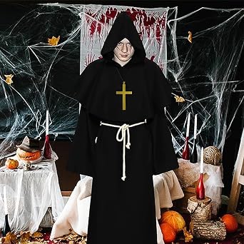 Monk's Costume Priest Costume for Men Robe Medieval Monk Coat Halloween Carnival Fancy Dress Costume with Hood and Rope Belt