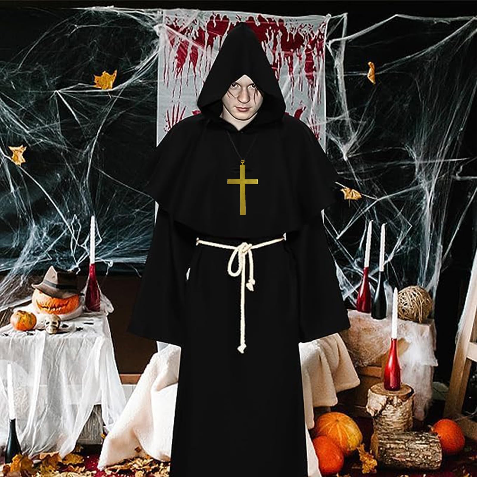 Kostium mnicha, kostium kapłana męski, szata średniowieczna czapka mnicha na Halloween, karnawał, kostium męski z kapturem i paskiem linowym