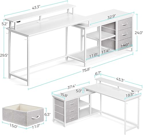 Miniatura 3 de Seventable Escritorio de computadora en forma de L con cajones, escritorio reversible para juegos con luces LED y puerto de carga, escritorio de