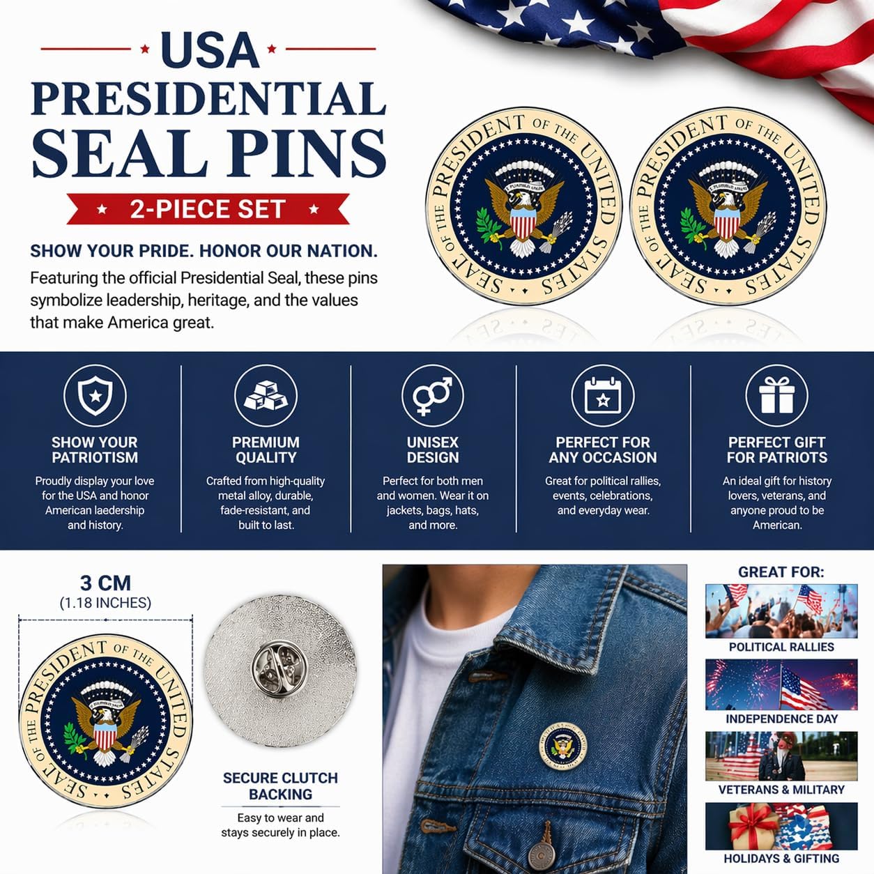 2 Pcs President of The United States Seal Presidential Pins, Patriot USA Logo Round Button Pins, Men's and Women's Metal Alloy Lapel Pins