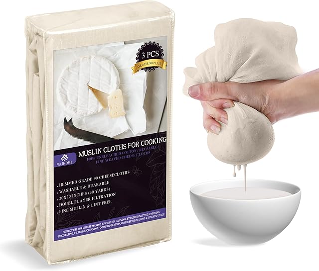 Felihome Pack of 3 - Muslin Cloth for Cooking 50x50 cm, Cheese Cloths for Straining & Baking, Cheesecloth with Hemmed Edges, Unbleached Cotton Grade 90, Reusable Muslin Cloths for Cooking