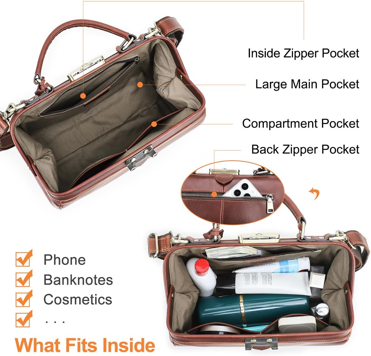 CONTACTS Doctor Bag Purse for Women Luxury Leather Handbag with Lock Shoulder Bag Vintage Top Handle Bag