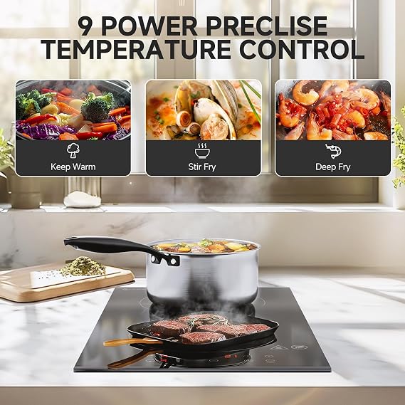 AMZCHEF Induction Cooktop 2 Burners, 12 Inch Bulit-in & Countertop Induction Stove with Plug 110V-120V, 9 Power Levels Electric Stove 1800W, Safety Lock, Timer, Touch Control for Fast Cooking
